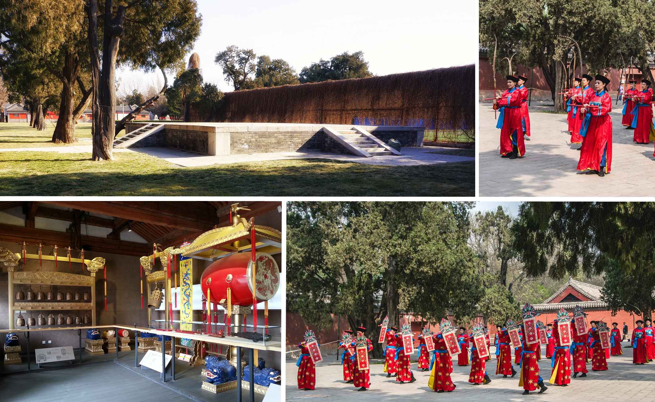 耤田禮，包括禮器、舞樂、犧牲、儀程，都基本遵循周代以來的傳統。左上為祭台──先農神壇。右上、右下分別為羽龠舞、干戚舞。