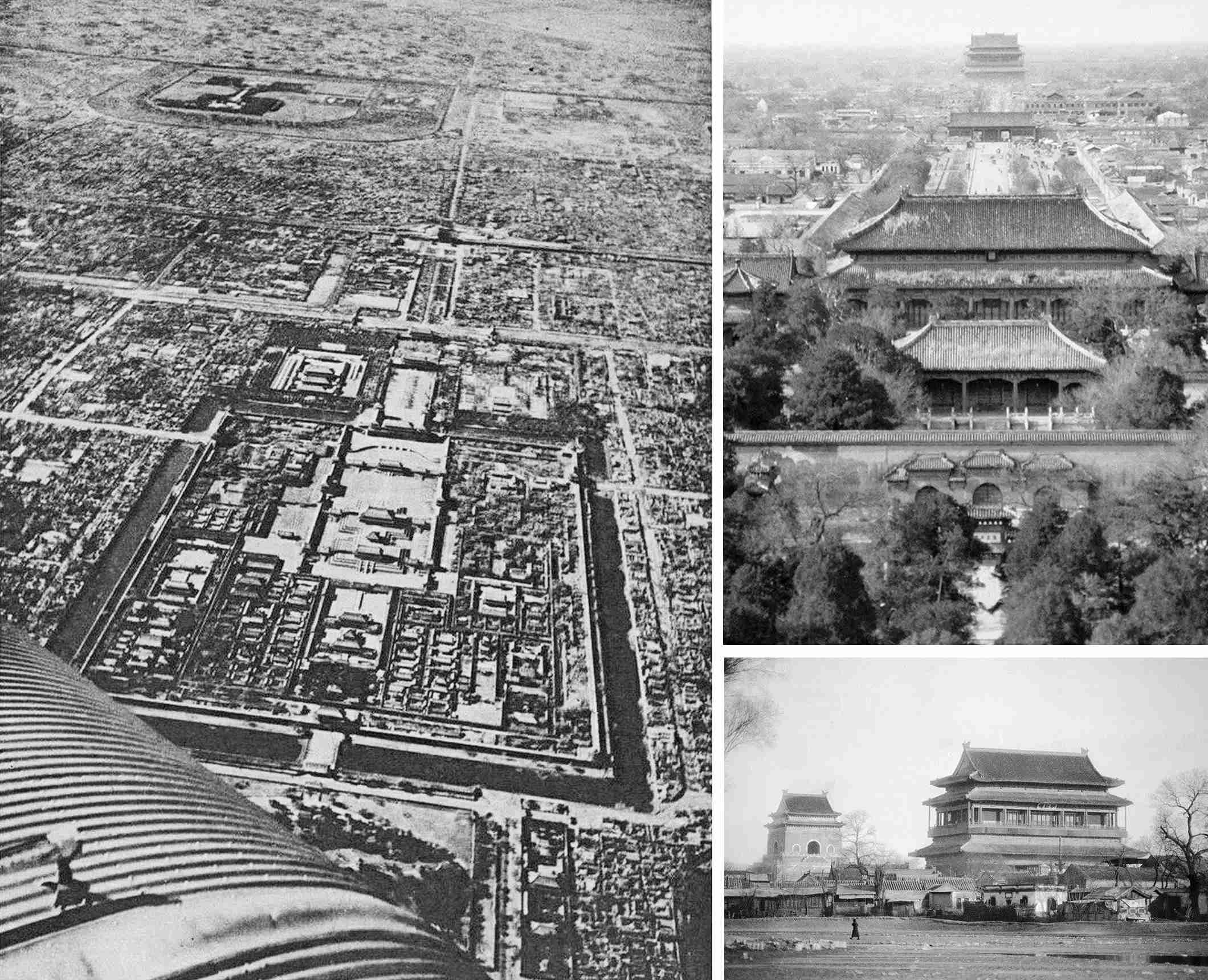 左圖：民初的北京城，由北（景山上空）向南（永定門、天壇、先農壇）俯瞰，中軸線南段清晰可見。右上：站在景山萬春亭北望中軸線北段，近處是景山壽皇殿，中間是地安門，遠處是鐘鼓樓。右下：中軸線北端的鐘鼓樓。