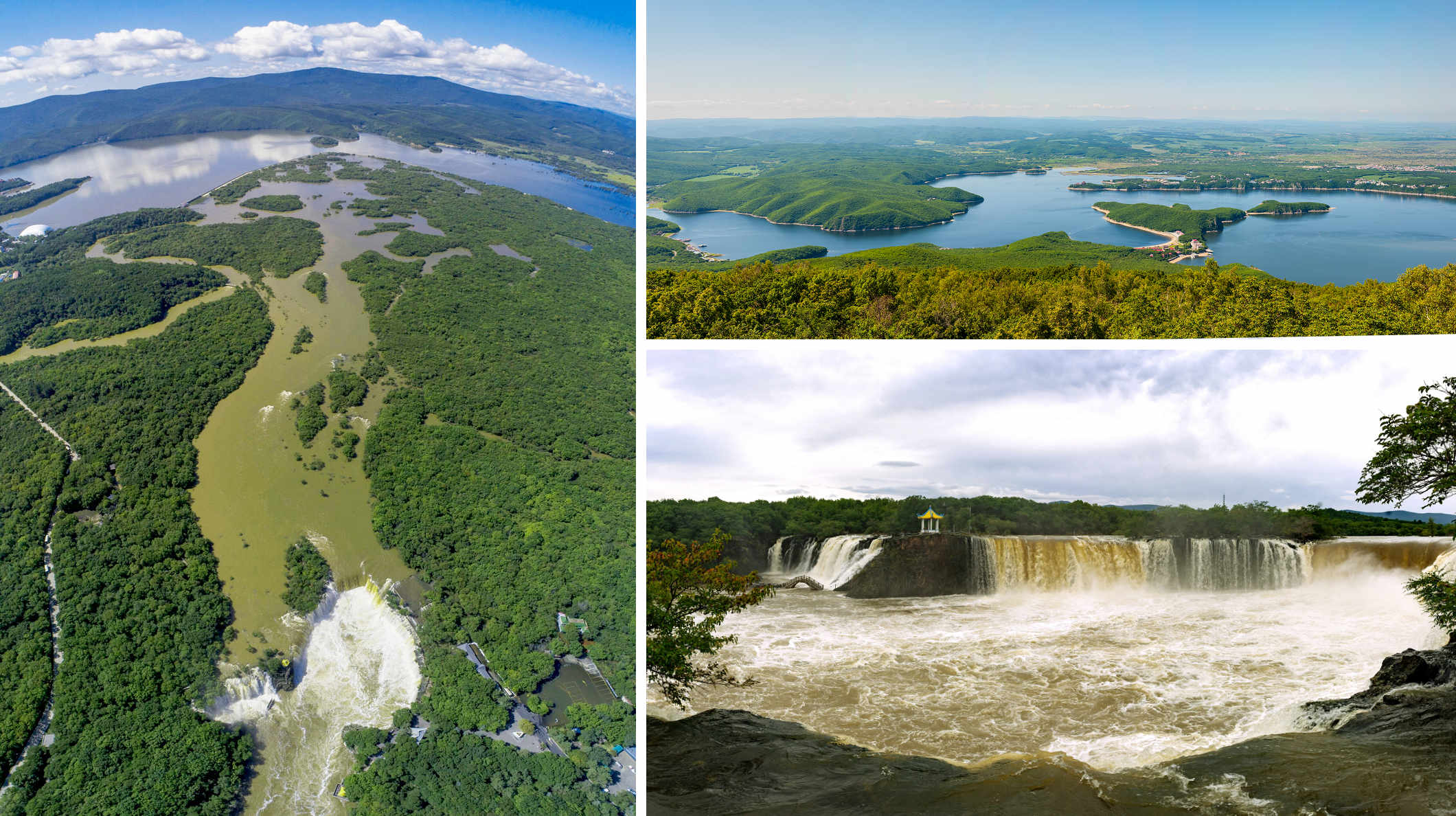 左圖、右上：鏡泊湖水域鳥瞰；左圖底部，即是鏡泊湖進入牡丹江前的吊水樓瀑布。 右下：豐水期，吊水樓瀑布可達一兩百米寬，氣勢磅礡。