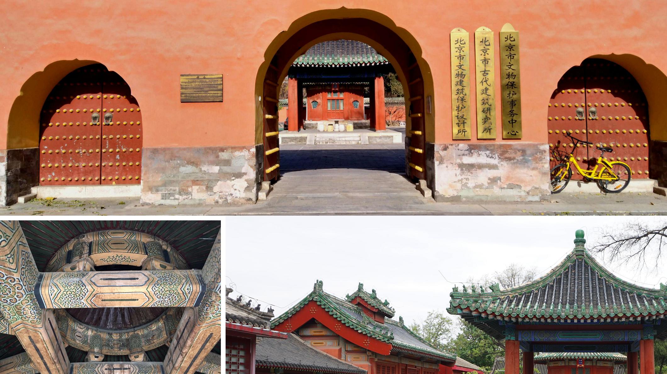 上：從神倉院落的天門往裡看，可看到收穀亭、圓廩。左下：為保護收貯的米穀，神倉倉儲建築的彩繪原料，都含有具殺蟲、驅蟲藥效的礦物質「雄黃玉」。右下：倉房通氣還開有防霉氣窗。