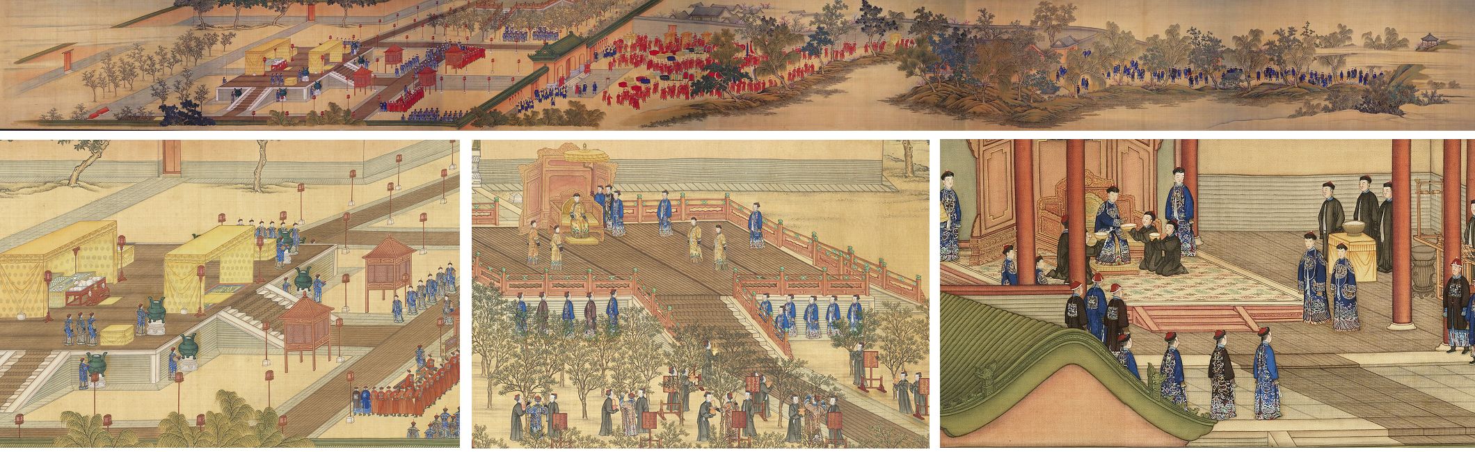 上、左下：《孝賢純皇后親蠶圖》卷，卷一「祭壇」之概要及局部。下中：卷三「採桑」之局部。右下：卷四「獻繭」之局部。