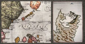 左圖為荷蘭人於1570年繪製的地圖，臺灣島為未橫跨北迴歸線的群島；右圖為西班牙人於1626年所繪的基隆和淡水港。由此可見，奉行重商主義的西方國家，早已鎖定臺灣島作為通商貿易的據點。