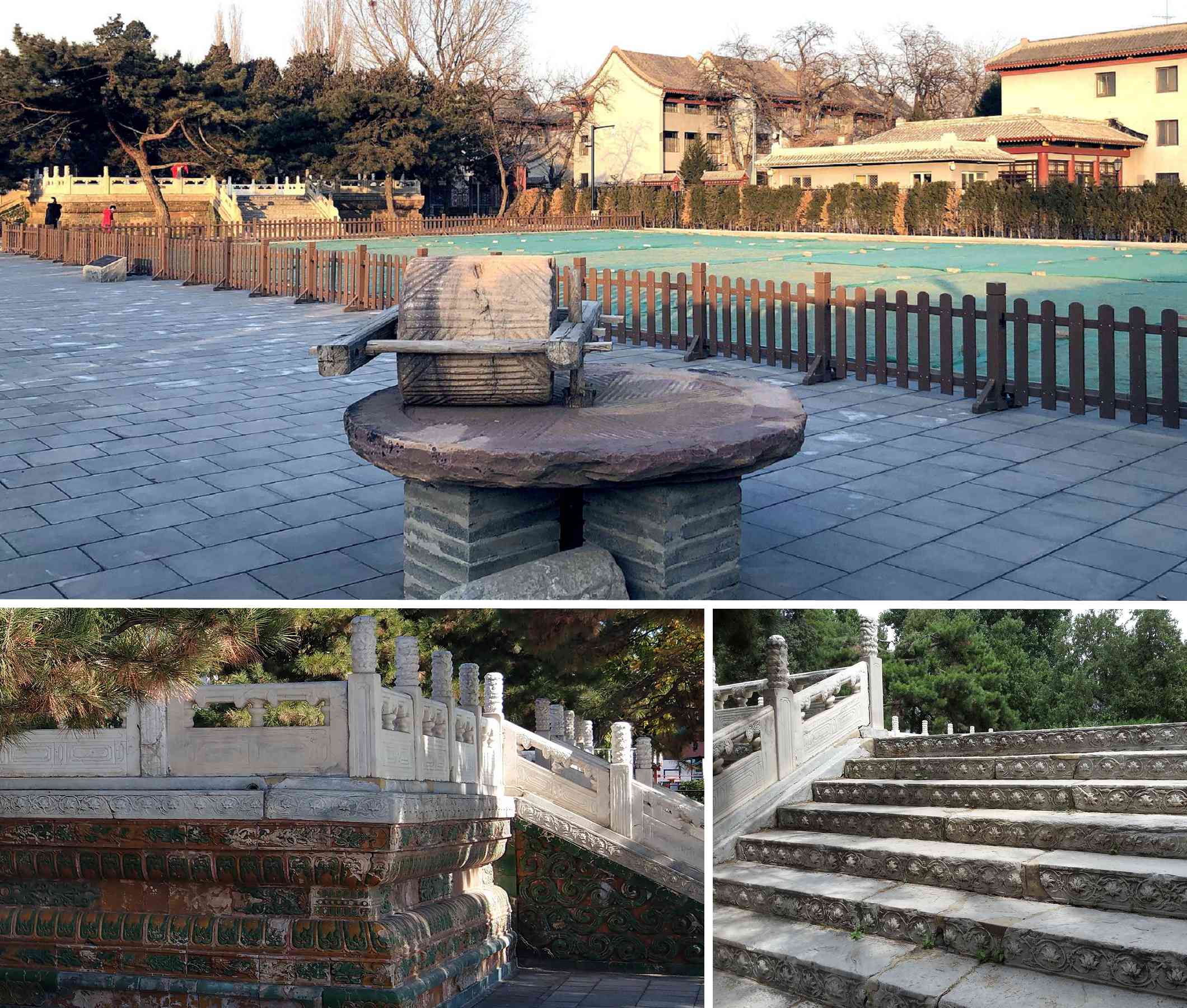 明清皇帝親耕的「一畝三分地」（前景）後面，是皇帝落座的觀耕台。乾隆整修後，台上的漢白玉石欄板、須彌座的黃綠琉璃及其花草磚彫、台階踏步的漢白玉邊條精緻彫花，成為特色。