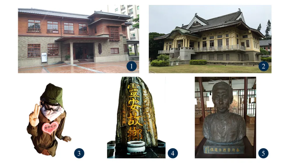 圖1：日據時期建立的愛國婦女會館被不加批判地原樣保留。圖2：日本殖民者建的武德殿成為今臺南市忠義國小禮堂。圖3：神風隊員「一郎」布偶身上掛有「世界和平」字樣的牌子。圖4：臺中寶覺寺內李登輝的題字碑。圖5：抗日英烈余青芳遺像。