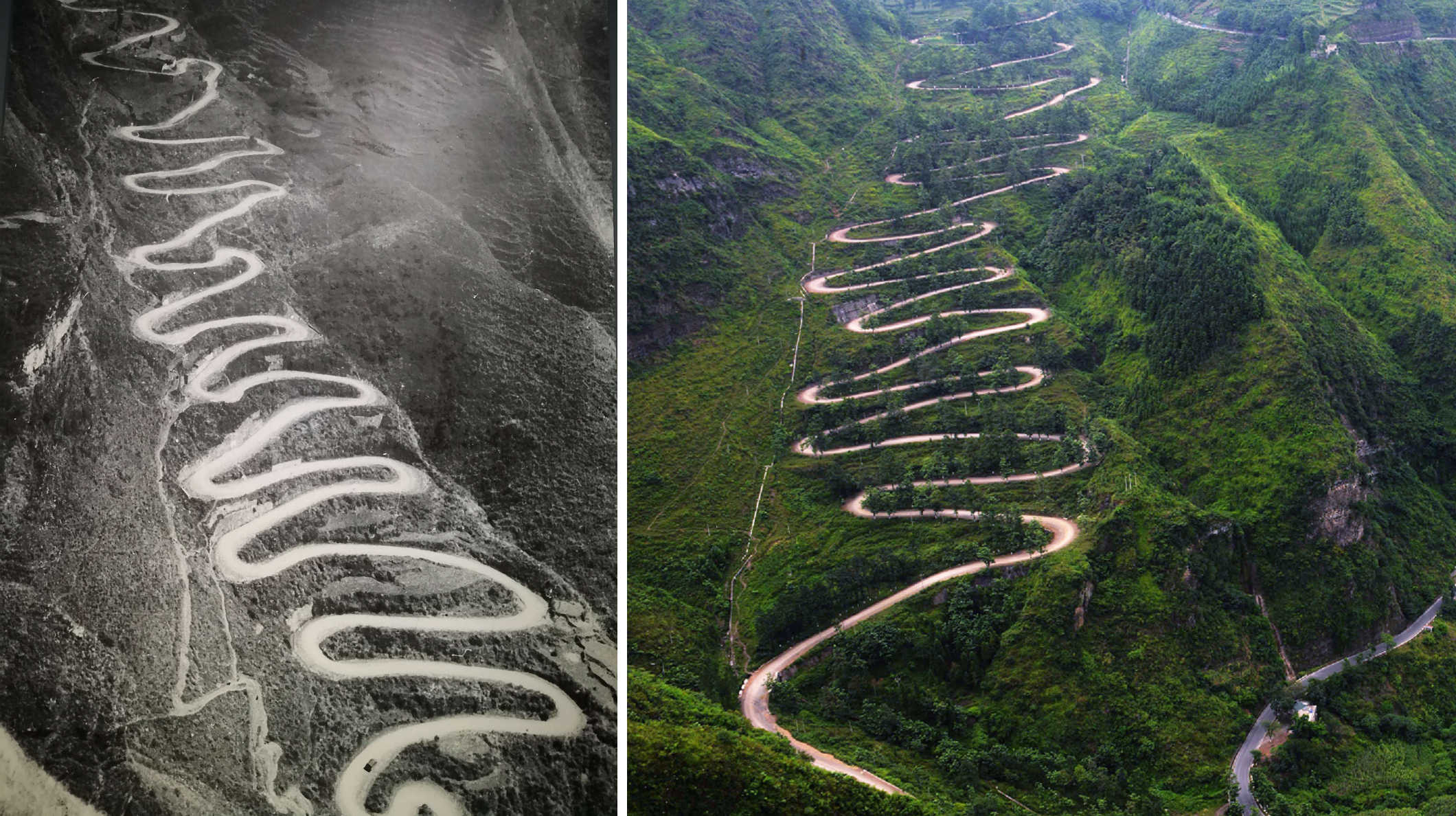 左圖：抗戰時期的「二十四道拐」。右圖：「二十四道拐」今貌