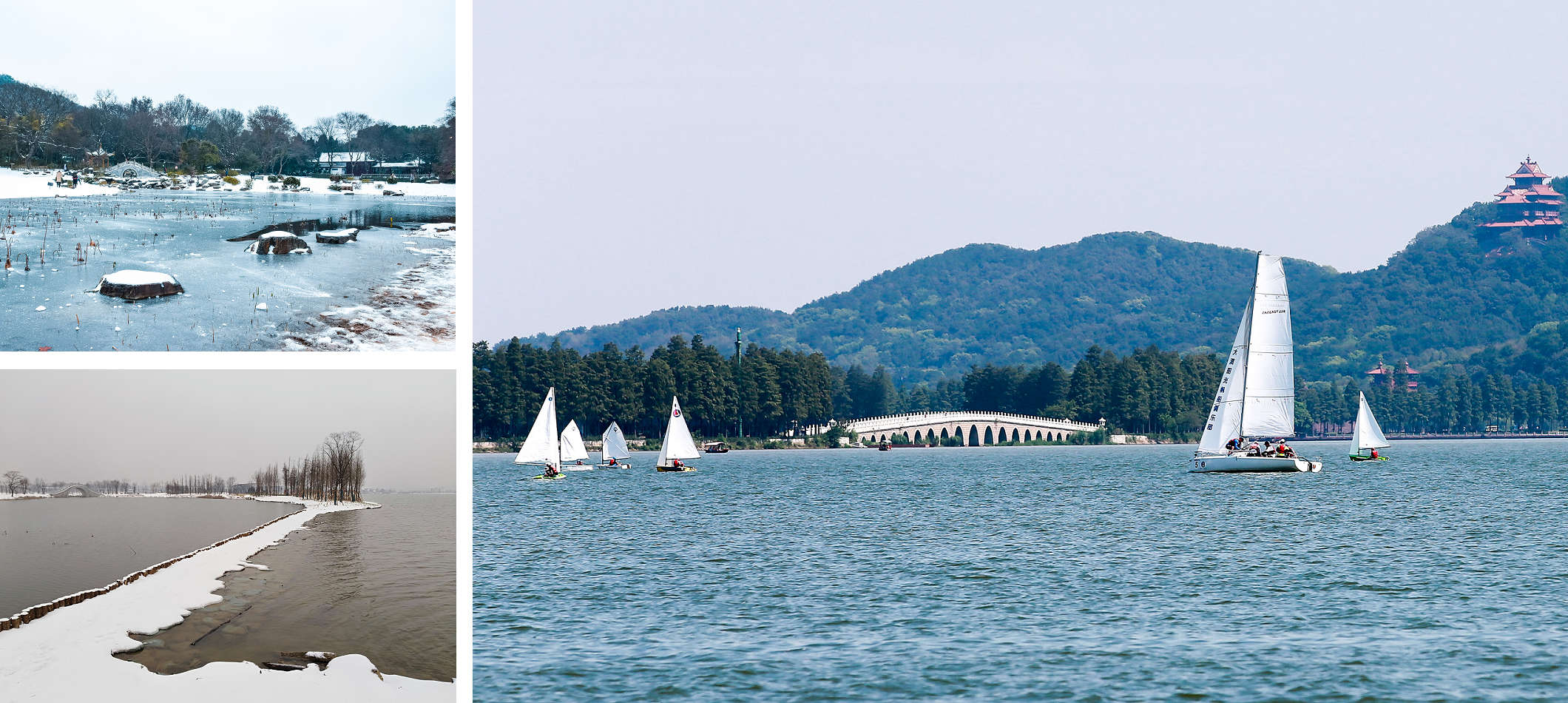 左上、左下：冬雪中的東湖。右：秋高氣爽的東湖，格外秀麗。