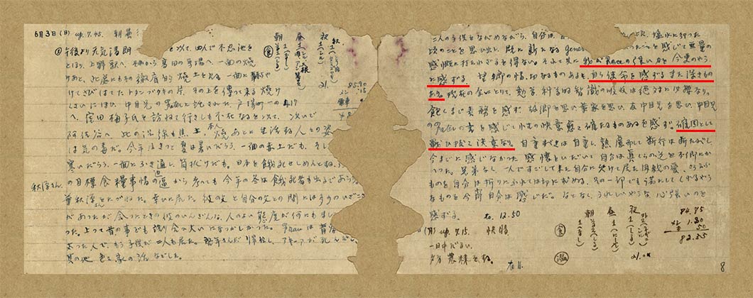 1945年6月3日，葉盛吉在其日記中寫道（見紅線處）：「余感受我race（民族、人種）力量之強大，莫過於今日。……對自己之使命感更深一層矣。……余意已決，堅決戰鬥到底矣。」