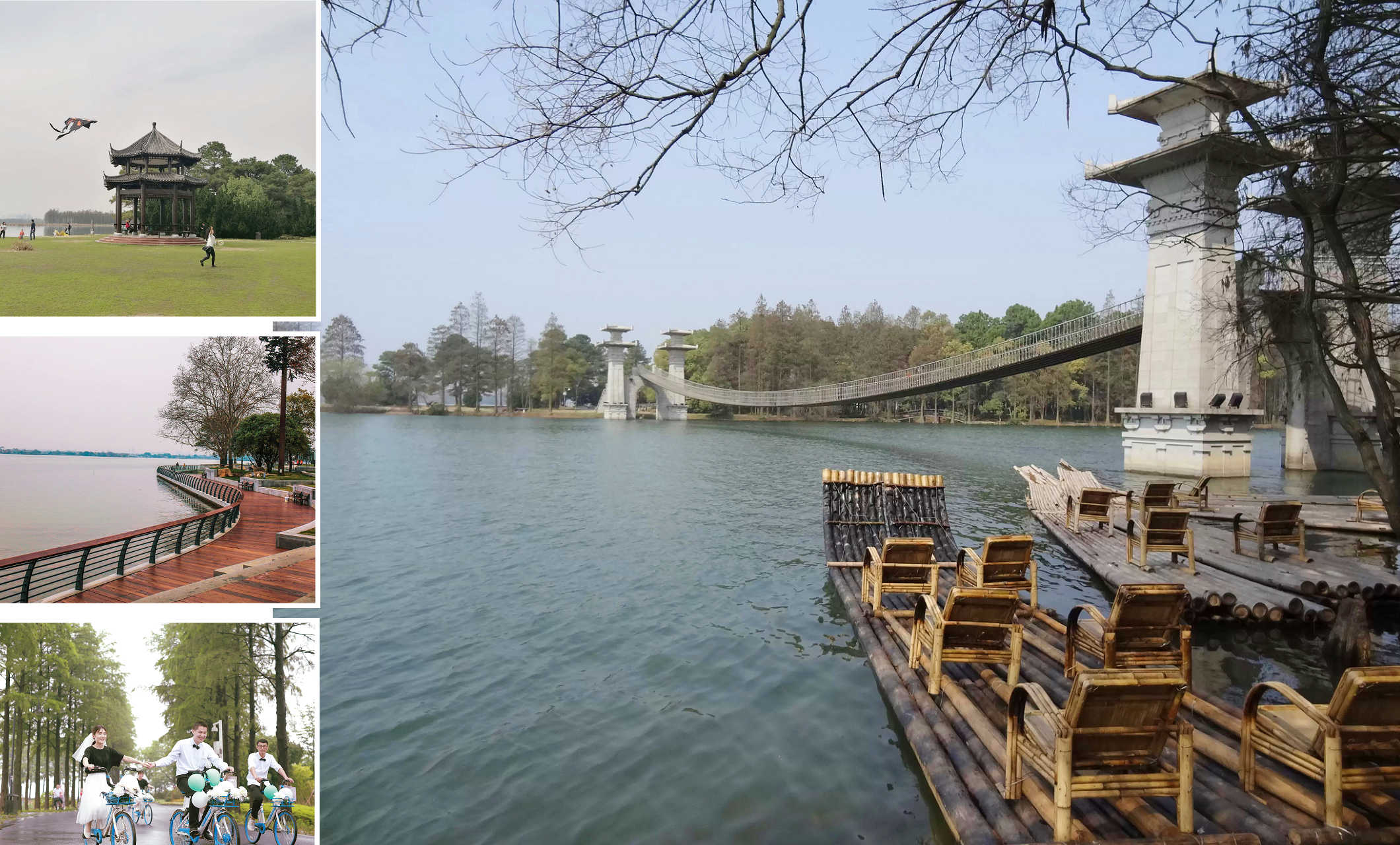 5A級東湖綠道連上的「城市慢生活」。左圖為落雁區的索橋。