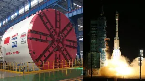 左圖為中鐵十四局的核心技術「盾構」，應用在許多隧道工程；右圖為神舟系列飛船發射實況。