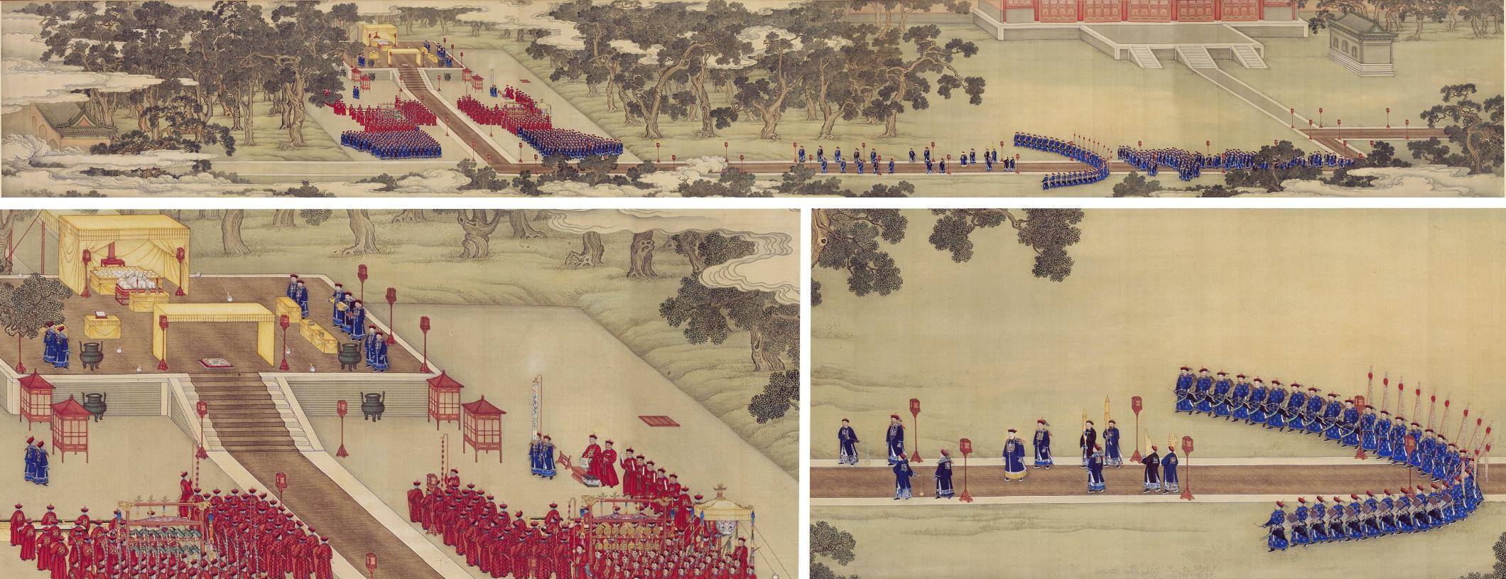 雍正帝祭先農壇圖》卷，其「祭農」卷之全局概要（上）和局部（下）。右下圖中，石青祭服下露出黃龍袍者，為雍正皇帝，正與陪祀王公同行。