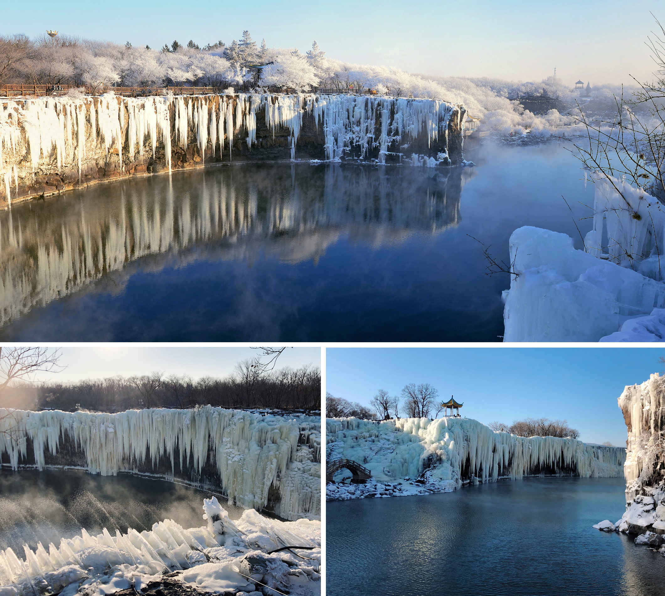 鏡泊湖吊水樓瀑布：上圖：水氣氤氳的黑龍潭，映襯著岸上的霧淞，恍如仙境。左下：鏡泊湖面結冰，涓滴細流在壓力下仍從冰縫中噴瀉而出，注入黑龍潭。