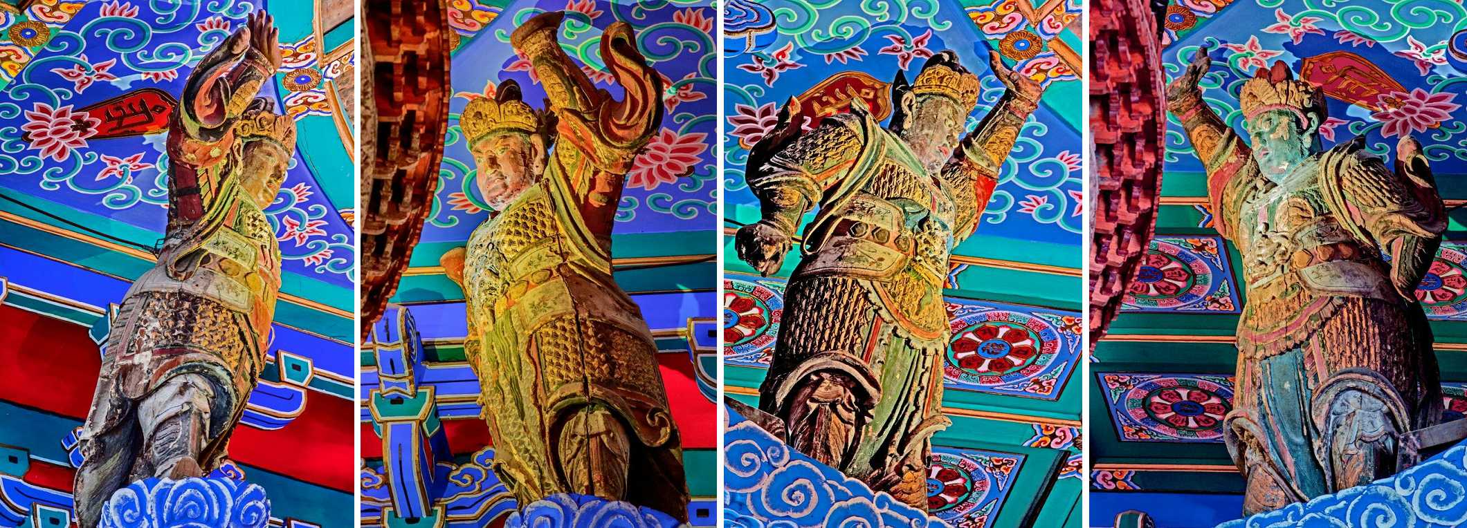 在藻井外圍，又有木雕四大天王托舉。