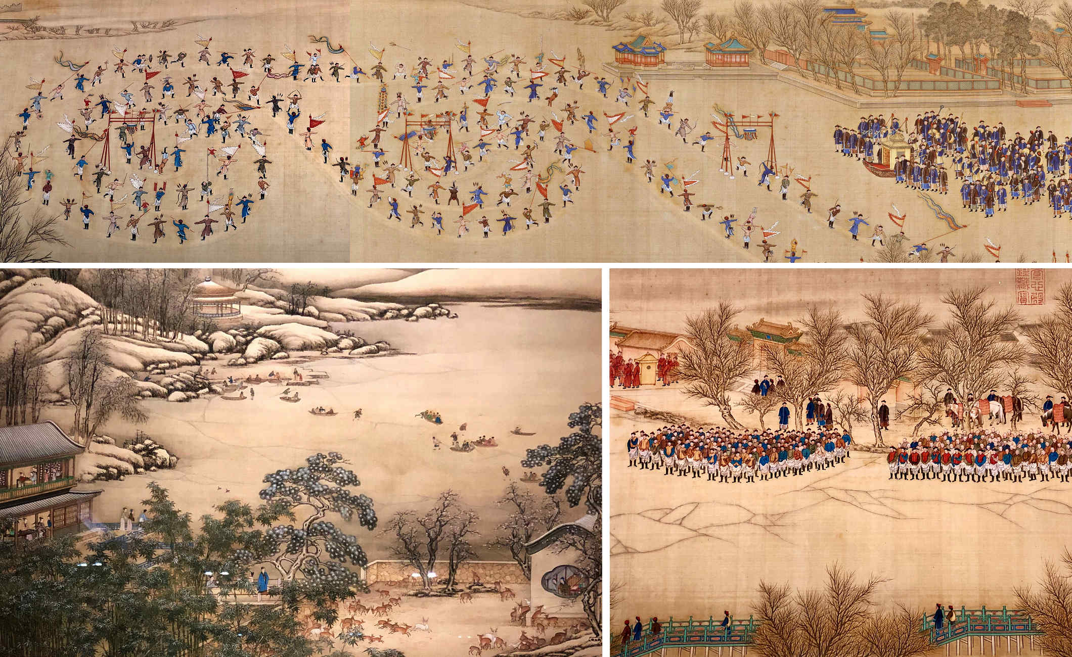 上圖、右下：清乾隆年間御製《冰嬉圖》之局部。左下：另一幅清代御藏畫作遠景中，冰上行舟的冰嬉景象。