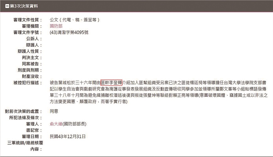 今年2月促轉會所公布的「臺灣轉型正義資料庫」中，呈現的資料為經民進黨所篩選過的，因此不利於兩岸和解的案件沒有被如實地轉型，得到正義，任何特務的身分也沒被公開，以利民進黨繼續利用；該被清算、有利於臺獨的涉案人也沒被徹查，例如葉松城一案，其中名列出葉為「匪幹李登輝」所介紹加入中共地下組織，涉及的相關人員無一倖免，唯獨李登輝離奇地「幸免於難」、安然無恙。
