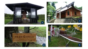 圖6：位於屏東縣牡丹社的高士神社。圖7：位於苗栗縣的通宵神社。圖8：八田與一紀念園區內公園的樹上掛有李登輝的題字——「情牽臺日，邦義永固」。圖9：屏東縣四重溪溫泉公園內修建的神風隊自殺機模型。