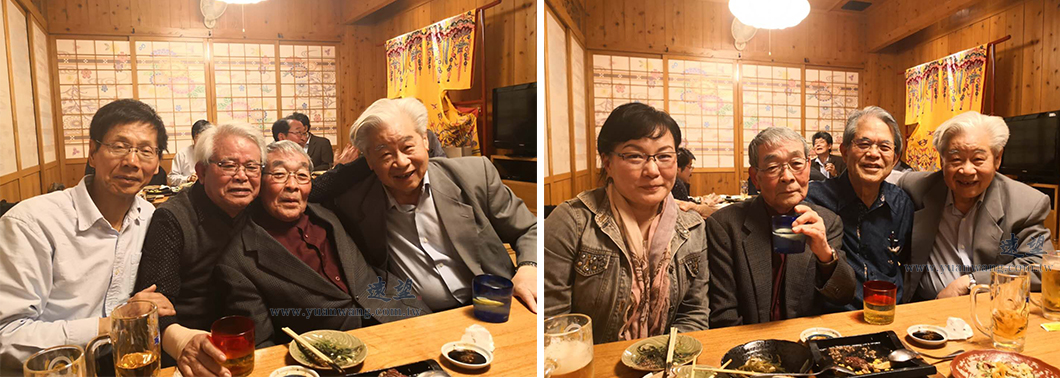 左圖為告別晚會上徐勇、比屋根、金城與筆者的合影；右圖是告別晚會上程天虹、金城、又吉與筆者合影。