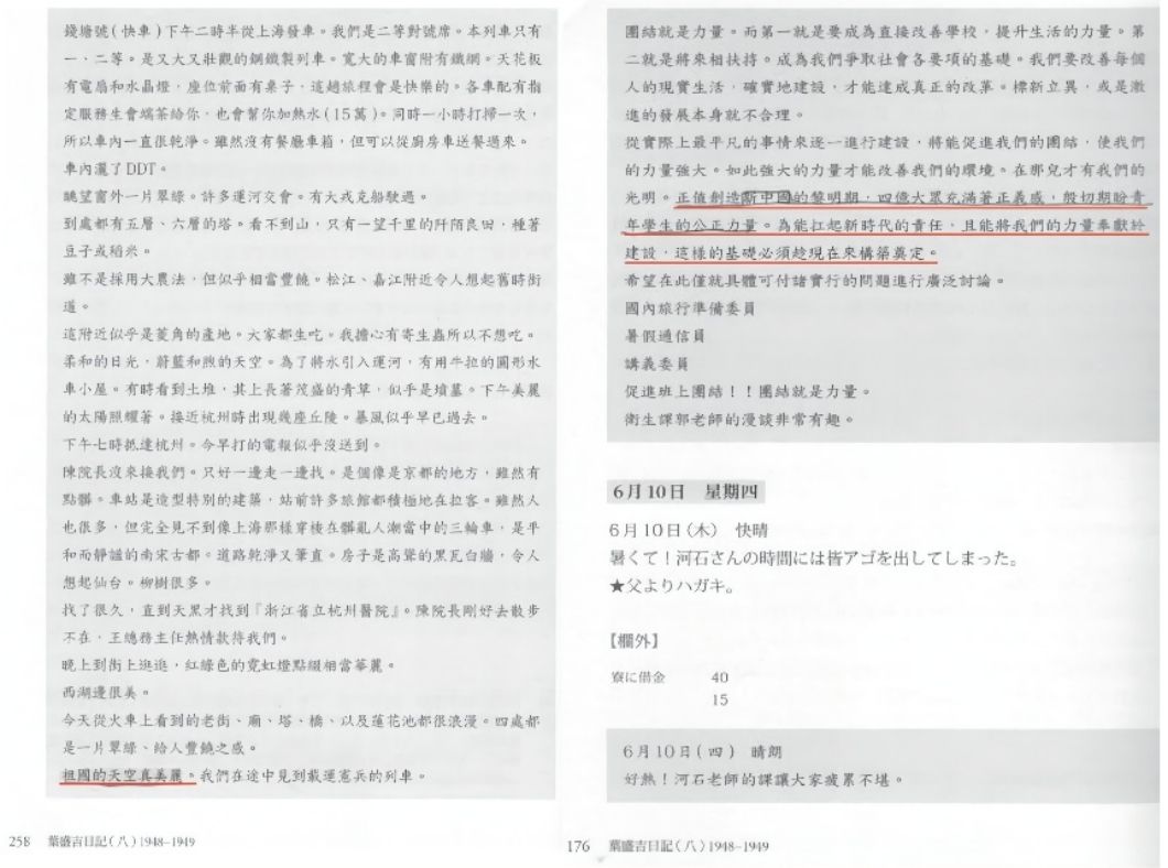 臺灣島內首位專門研究葉盛吉的學者陳翠蓮，在其研究下的葉盛吉成為迥異於林獻堂的臺籍皇民化青年代表，葉盛吉認同自己為中國人的轉變過程與決心更被惡意抹殺，葉盛吉被扭曲為合理化臺獨的例證。右圖為葉盛吉在經歷「二二八事件」後寫下的日記內容，左圖為其從上海前往杭州途中的日記，從此二圖中足見葉盛吉希冀建設新中國的責任心、堅持把大陸人視為「充滿著正義感」的同胞的熱愛，而絕非陳翠蓮描繪的臺獨先驅。(圖片取自《葉盛吉日記（八）》)