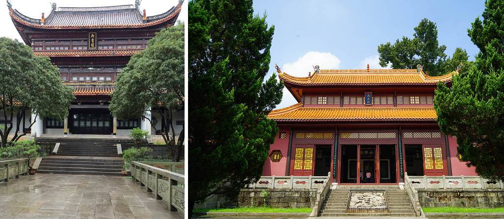 昔日嶽麓書院文風鼎盛。左為因北宋真宗賜贈典籍而改名的「御書樓」；與大門門額「嶽麓書院」四字一樣，「御書樓」亦為真宗御筆親題。當時真宗欲留用山長周式而不得，遂轉而賜匾贈典，表達其對周式德行修為及嶽麓書院辦學水平的高度讚賞。右為文廟大成殿。嶽麓書院祀孔始於創建之初，至明，發展為大成殿、文廟的格局。