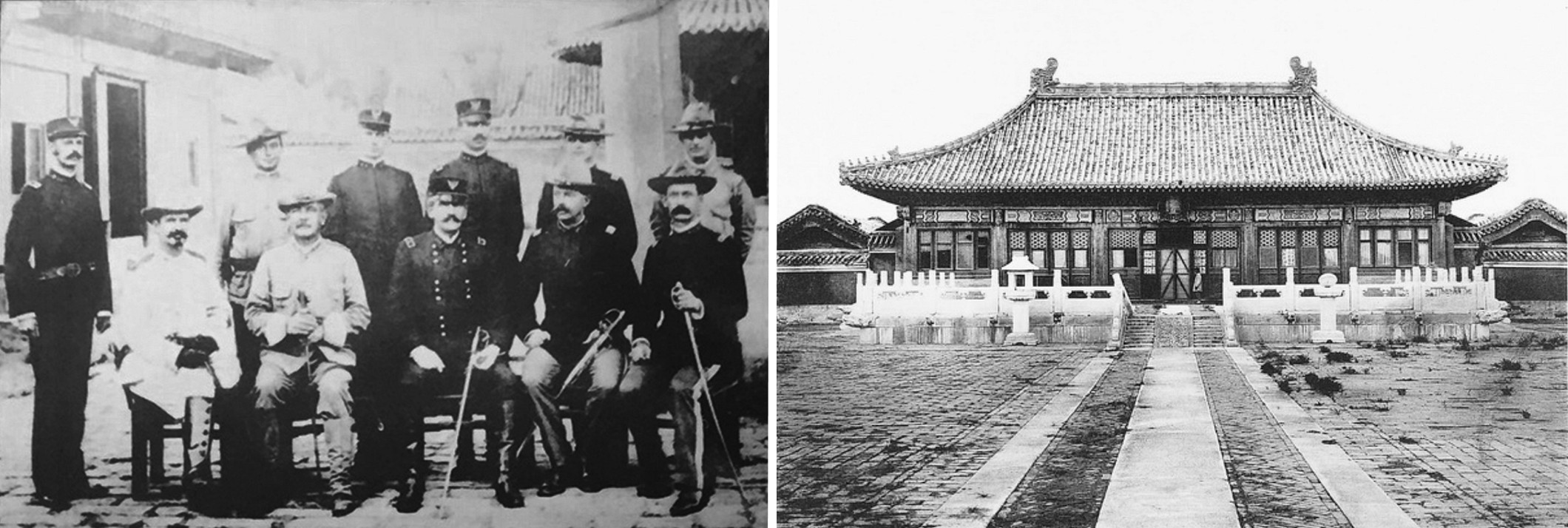 八國聯軍時，美國侵略軍進占先農壇，左圖為神倉所在，右圖為挪作軍醫院的慶成宮。