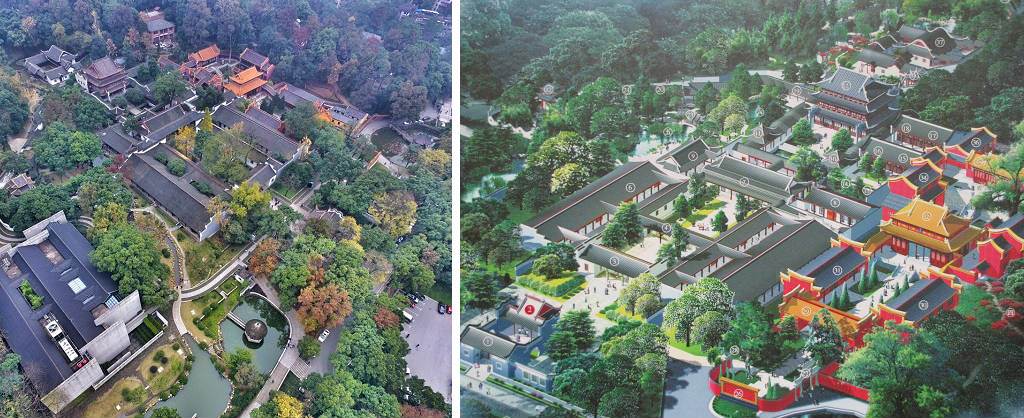 嶽麓書院全景俯瞰圖，左為實景（大門方向為↘），右為俯瞰全圖（大門方向為↙）。
